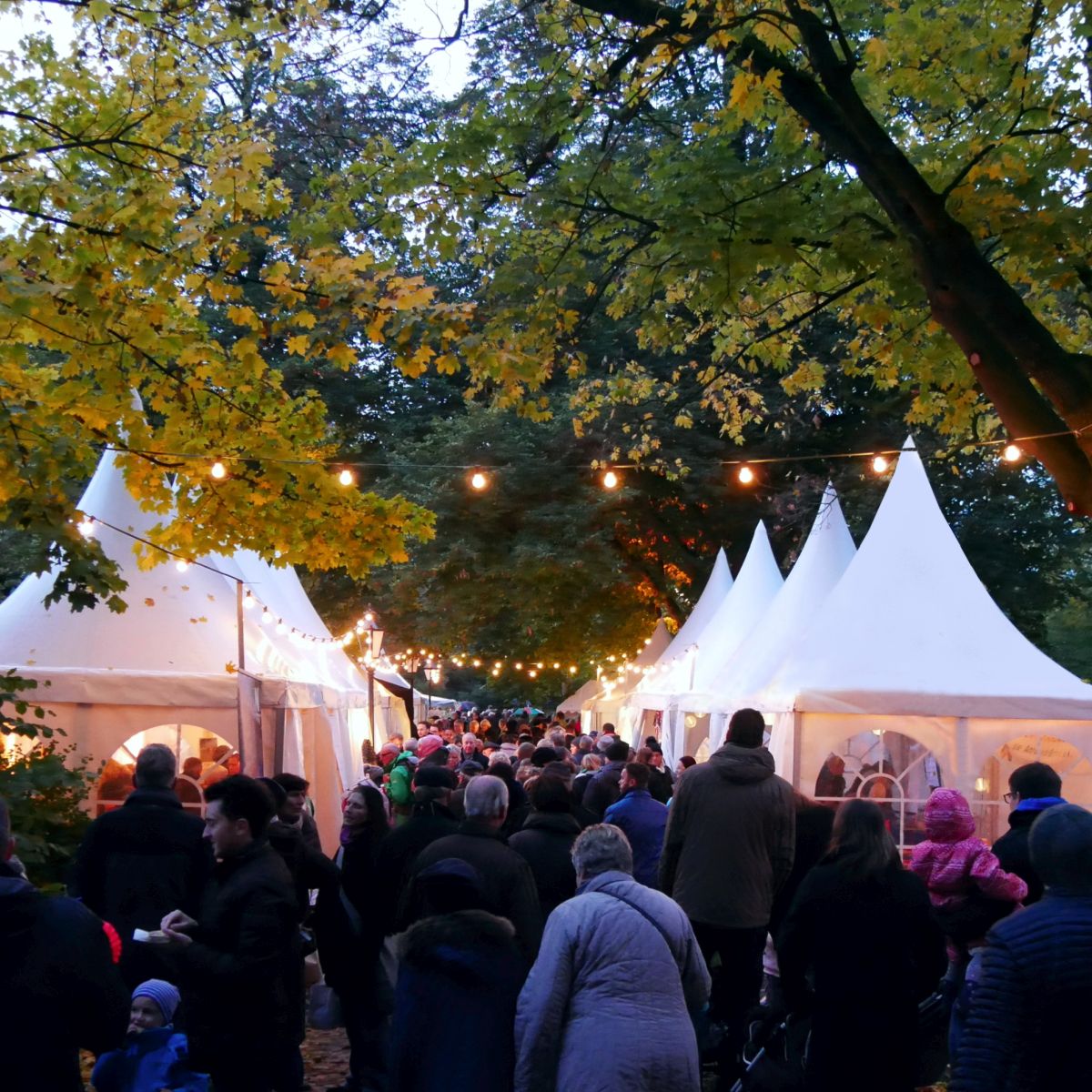 Viele Menschen auf einem Platz im dunkeln. Lichterketten hängen zwischen den Bäumen und rechts und links stehen Pagoden