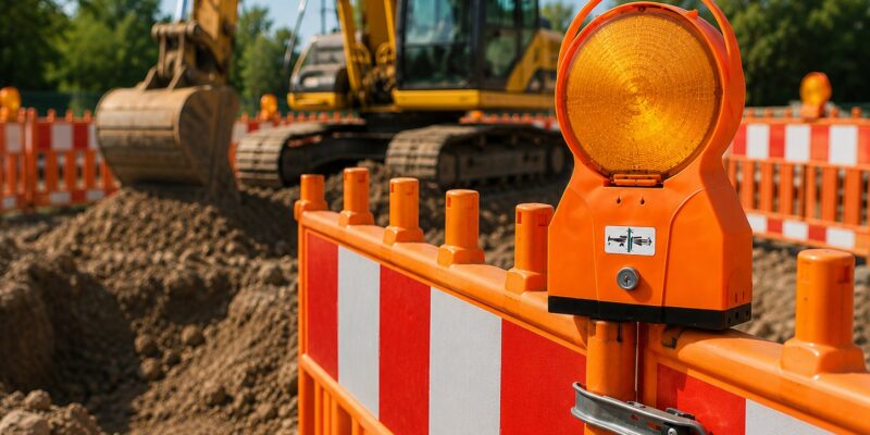 Baustellenzaun mit Warnlampe vor einer geöffneten Straßendecke.