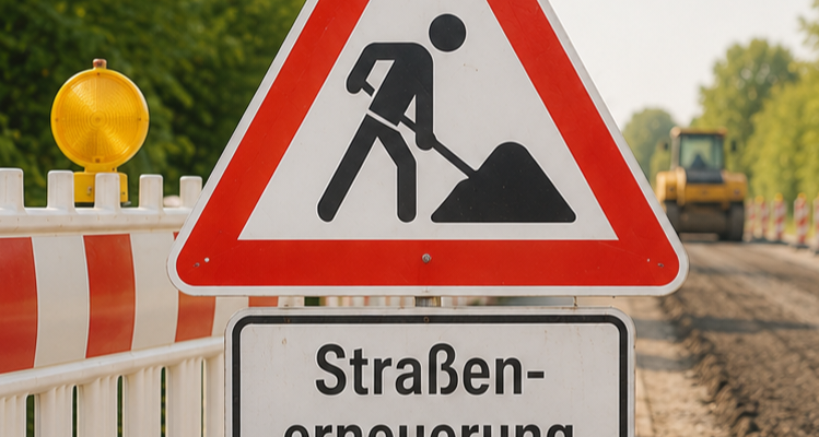 Baustellenschild mit der Aufschrift Straßenerneuerung